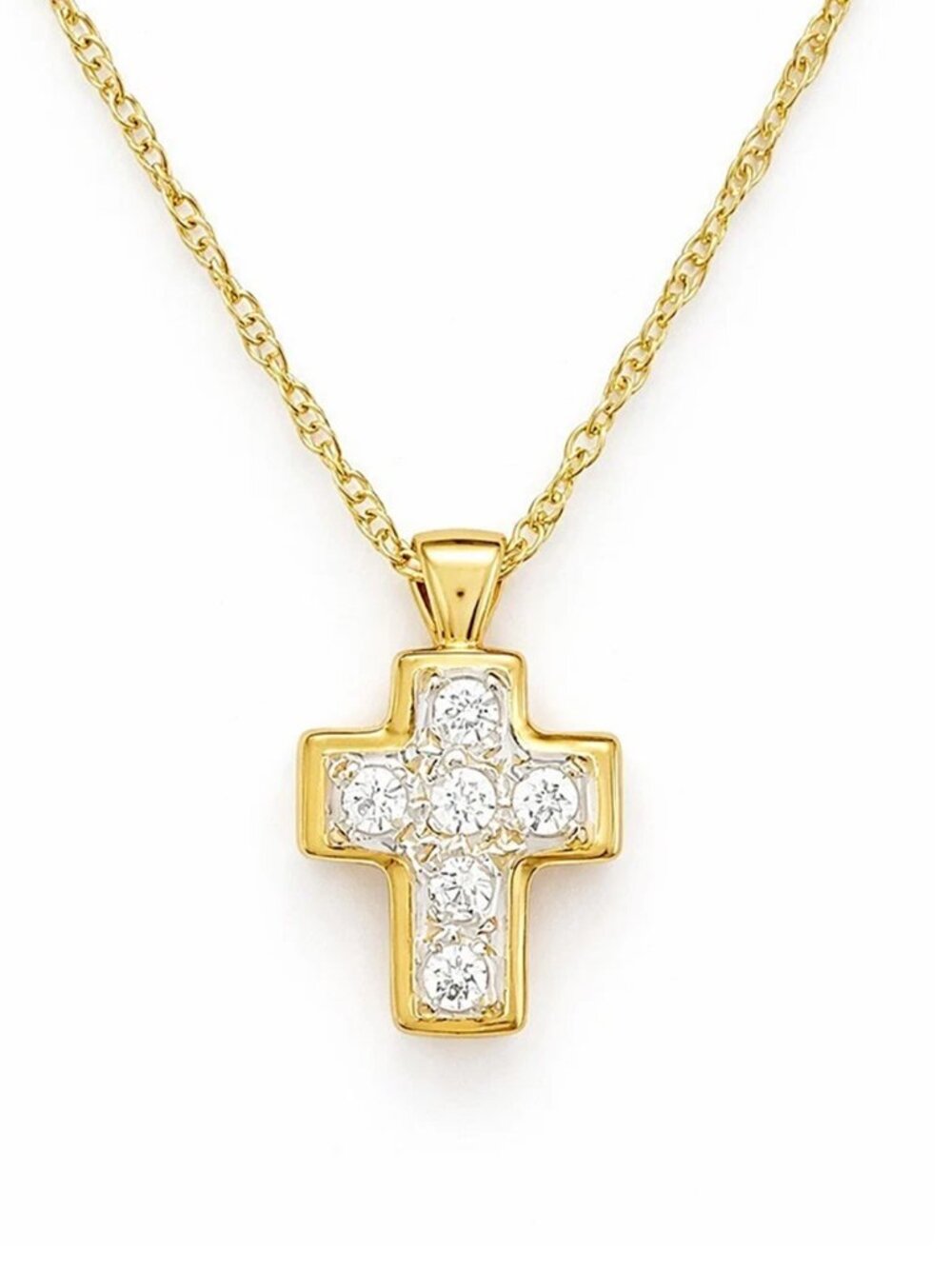 Created White Sapphire Sm Cross Pendant Necklace Solid 14K Yellow Gold